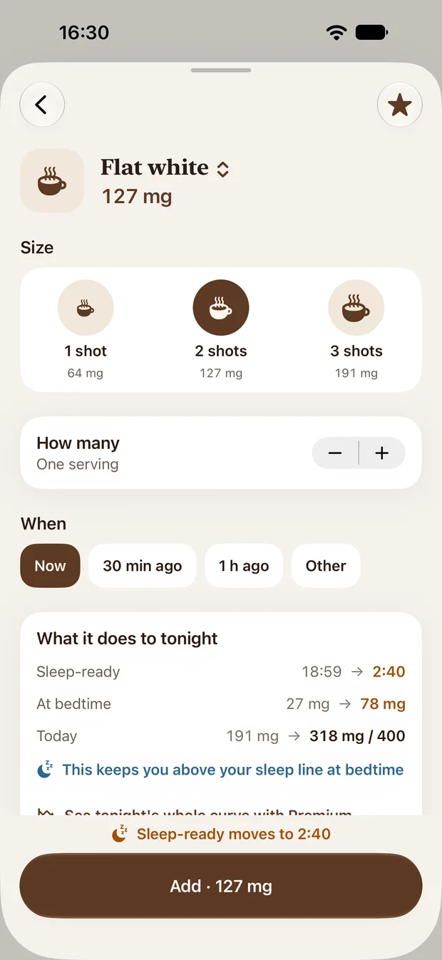 BeanFade drink screen showing caffeine amounts and a bedtime estimate