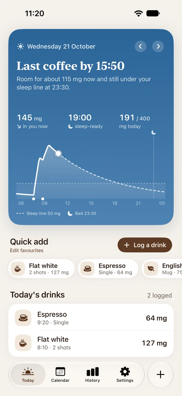 BeanFade Today screen showing logged coffees, estimated caffeine and last-coffee time